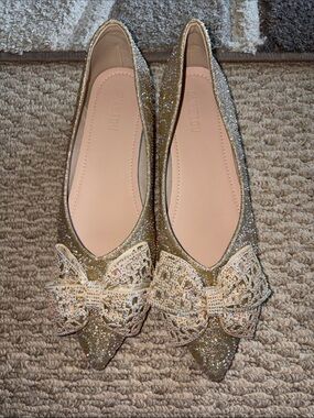 Glitter Bow Pointed Toe Flats - Gold